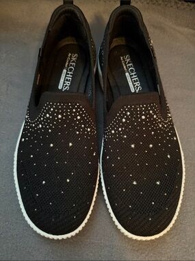 Skechers Black Slip-On Knit Sneakers with Silver Crystal Accents